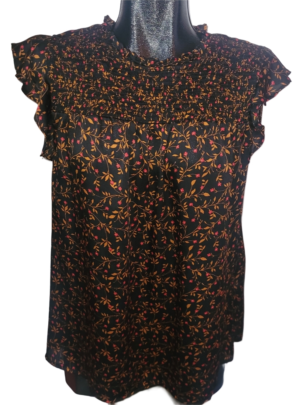 Old Navy Black Floral Print Short Ruffled Cap Sleeve Top Size L